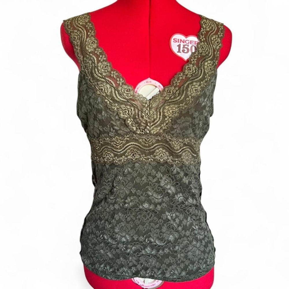 Moda International Y2k Green Lace V Neck Tank Top Size Medium Boho Fairy Grunge